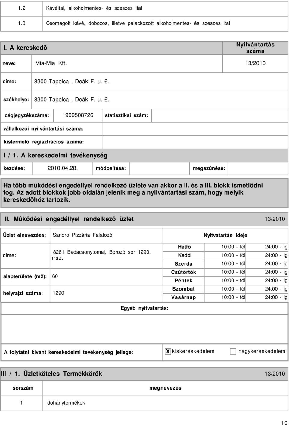 Mûködési engedéllyel rendelkezõ üzlet 13/2010 Sandro Pizzéria Falatozó címe: alapterülete (m2): 60 helyrajzi : 8261 Badacsonytomaj, Borozó sor 1290. hrsz.