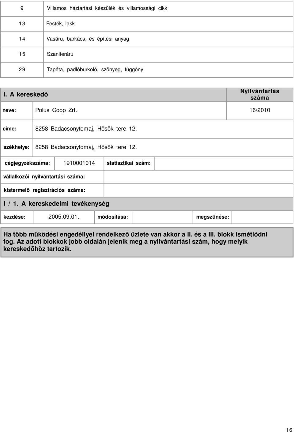 A kereskedõ Polus Coop Zrt. 16/2010 címe: 8258 Badacsonytomaj, Hõsök tere 12.