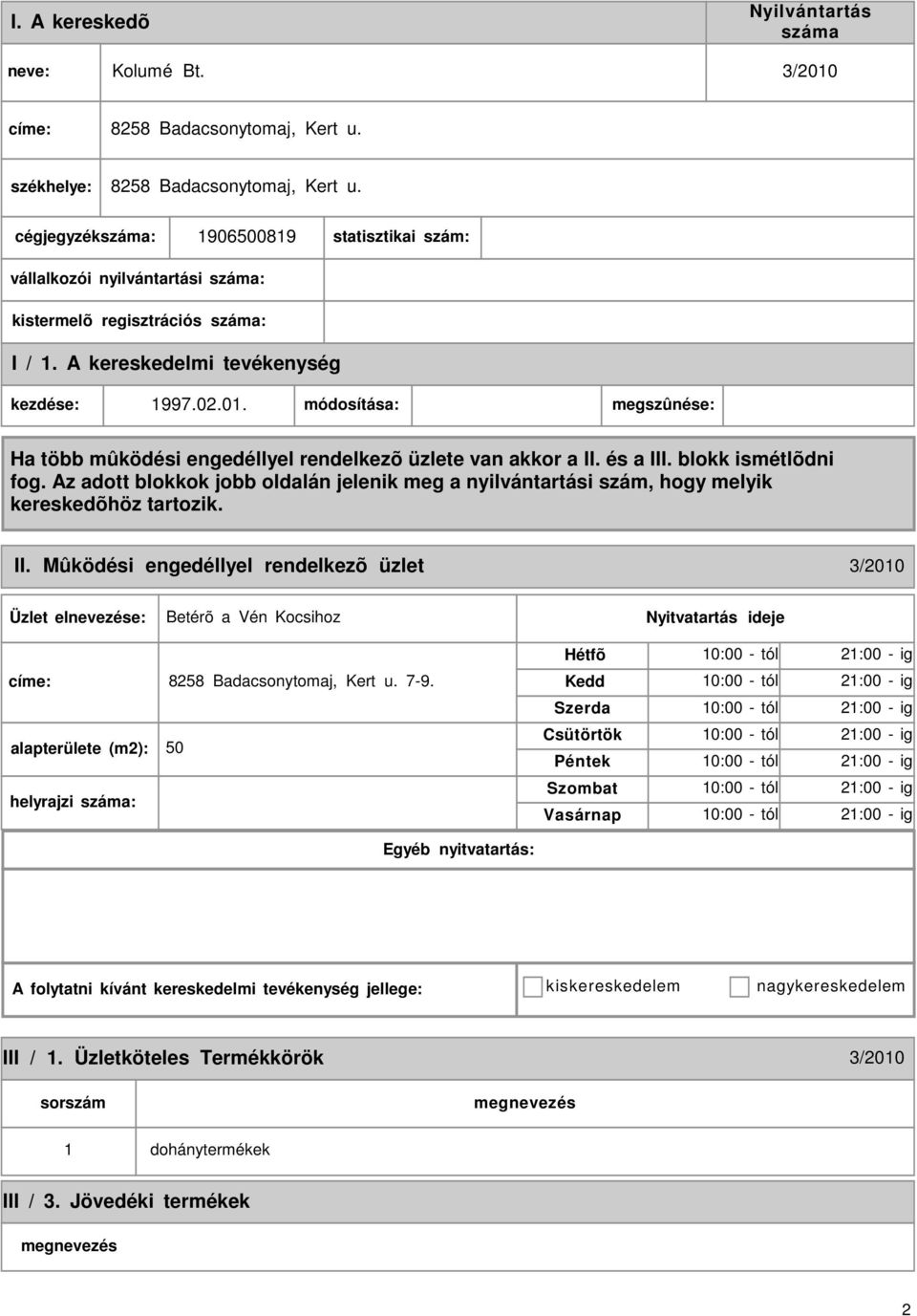módosítása: megszûnése: II. Mûködési engedéllyel rendelkezõ üzlet 3/2010 Betérõ a Vén Kocsihoz címe: 8258 Badacsonytomaj, Kert u.