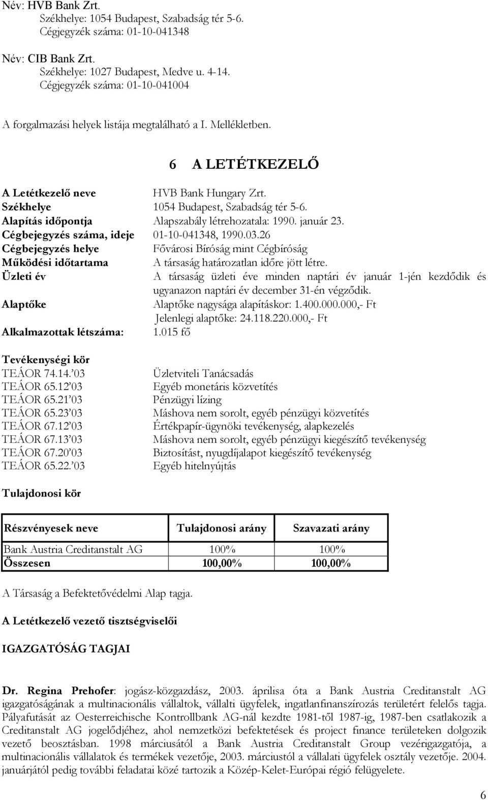 Alapítás időpontja Alapszabály létrehozatala: 1990. január 23. Cégbejegyzés száma, ideje 01-10-041348, 1990.03.