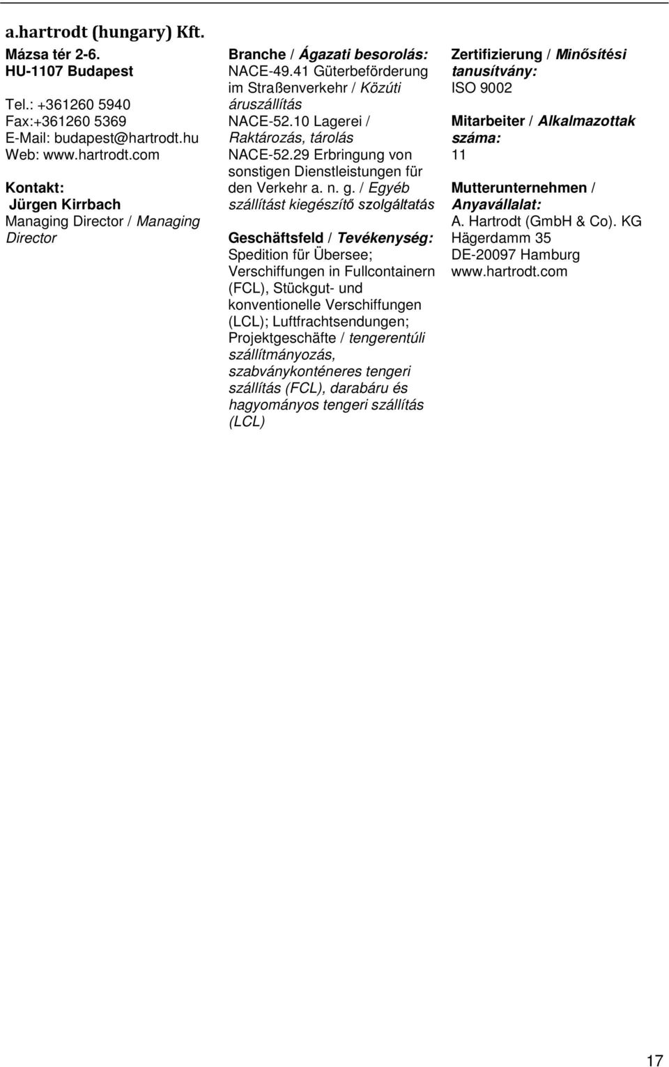 Egyéb szállítást kiegészítő szolgáltatás Geschäftsfeld Tevékenység: Spedition für Übersee; Verschiffungen in Fullcontainern (FCL), Stückgut und konventionelle Verschiffungen (LCL);