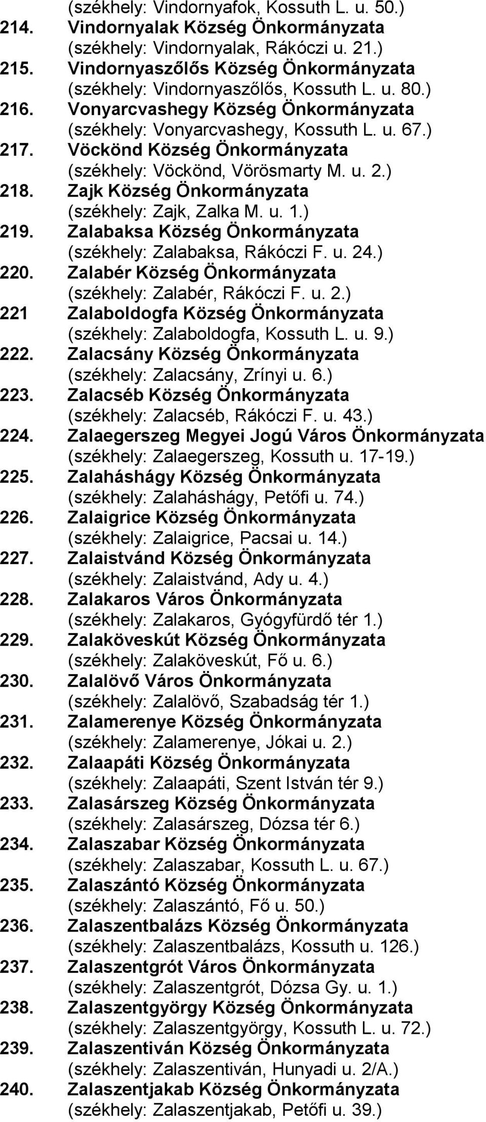 Vöckönd Község Önkormányzata (székhely: Vöckönd, Vörösmarty M. u. 2.) 218. Zajk Község Önkormányzata (székhely: Zajk, Zalka M. u. 1.) 219.