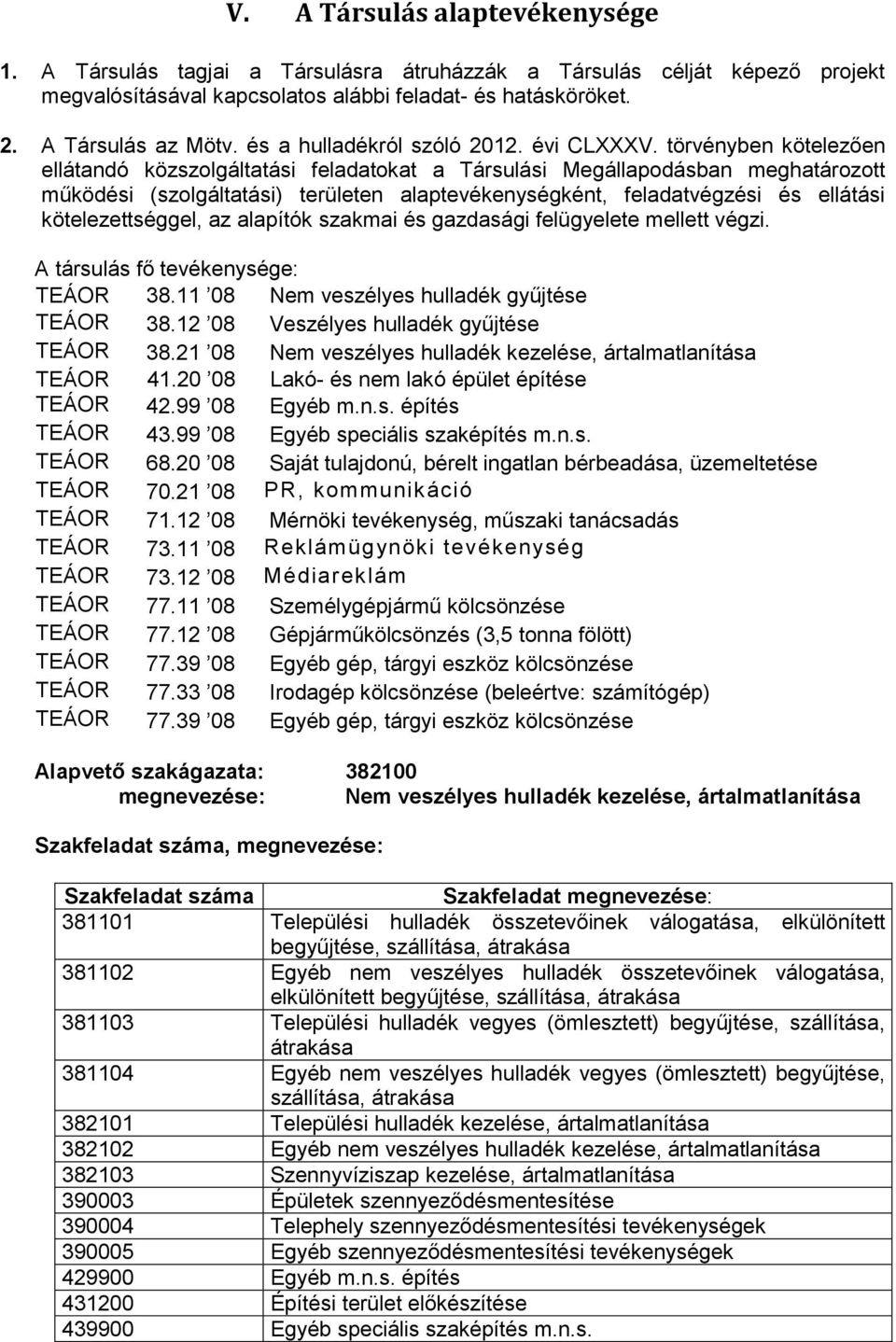 törvényben kötelezően ellátandó közszolgáltatási feladatokat a Társulási Megállapodásban meghatározott működési (szolgáltatási) területen alaptevékenységként, feladatvégzési és ellátási