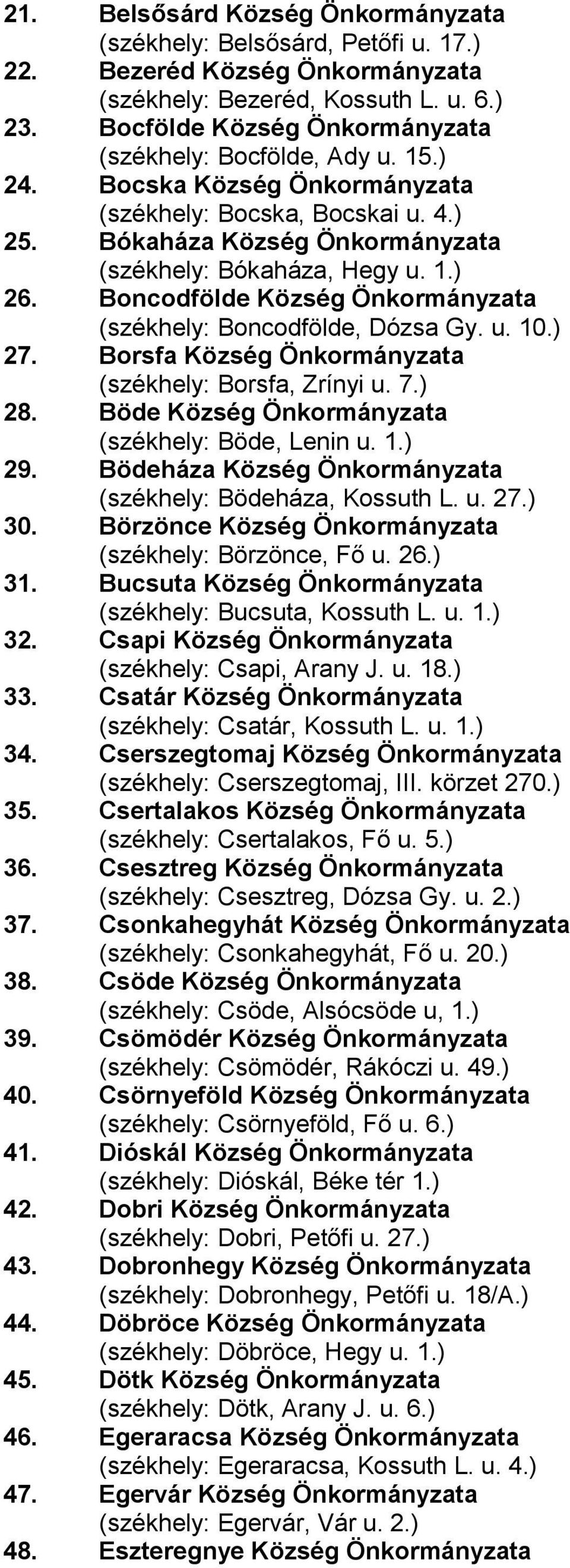 Boncodfölde Község Önkormányzata (székhely: Boncodfölde, Dózsa Gy. u. 10.) 27. Borsfa Község Önkormányzata (székhely: Borsfa, Zrínyi u. 7.) 28. Böde Község Önkormányzata (székhely: Böde, Lenin u. 1.) 29.