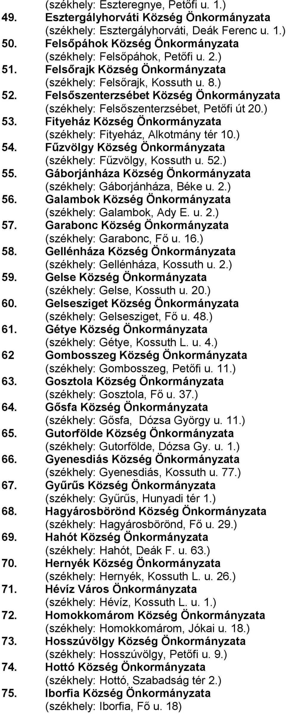 Fityeház Község Önkormányzata (székhely: Fityeház, Alkotmány tér 10.) 54. Fűzvölgy Község Önkormányzata (székhely: Fűzvölgy, Kossuth u. 52.) 55.