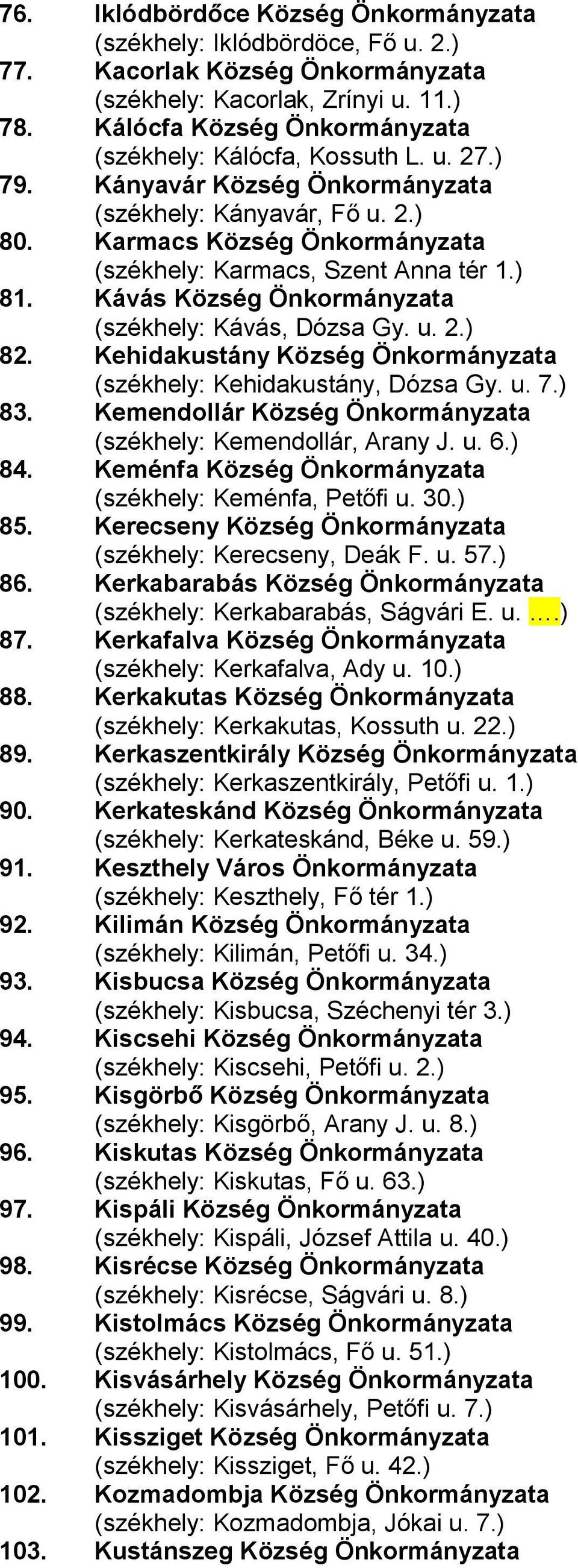 Karmacs Község Önkormányzata (székhely: Karmacs, Szent Anna tér 1.) 81. Kávás Község Önkormányzata (székhely: Kávás, Dózsa Gy. u. 2.) 82.