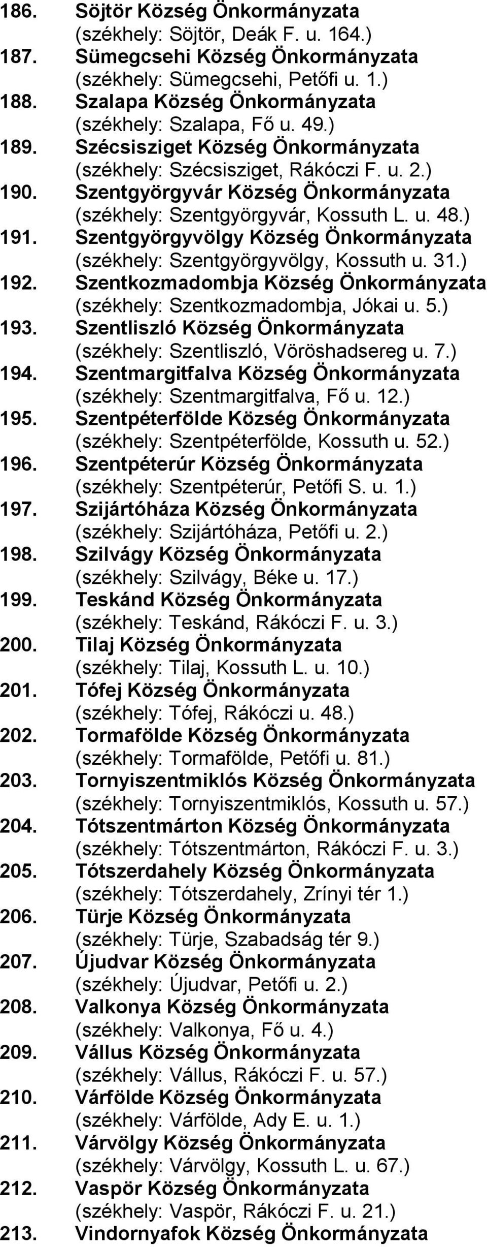 Szentgyörgyvár Község Önkormányzata (székhely: Szentgyörgyvár, Kossuth L. u. 48.) 191. Szentgyörgyvölgy Község Önkormányzata (székhely: Szentgyörgyvölgy, Kossuth u. 31.) 192.