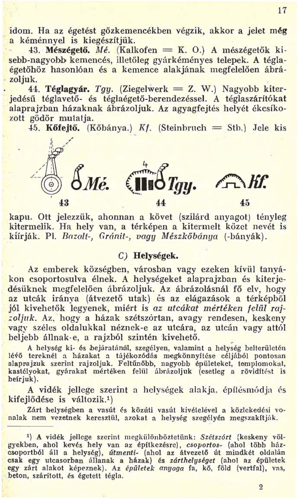 A téglaszárítókat alaprajzban házaknak ábrázoljuk. Az agyagfejtés helyét ékcsíkozott gödör mrutatja. 45. KőfeJtő. ( Kőbánya.) Kf. (Steinhrnch = Sth.).Jele kis 17 43 4:5 kapu.