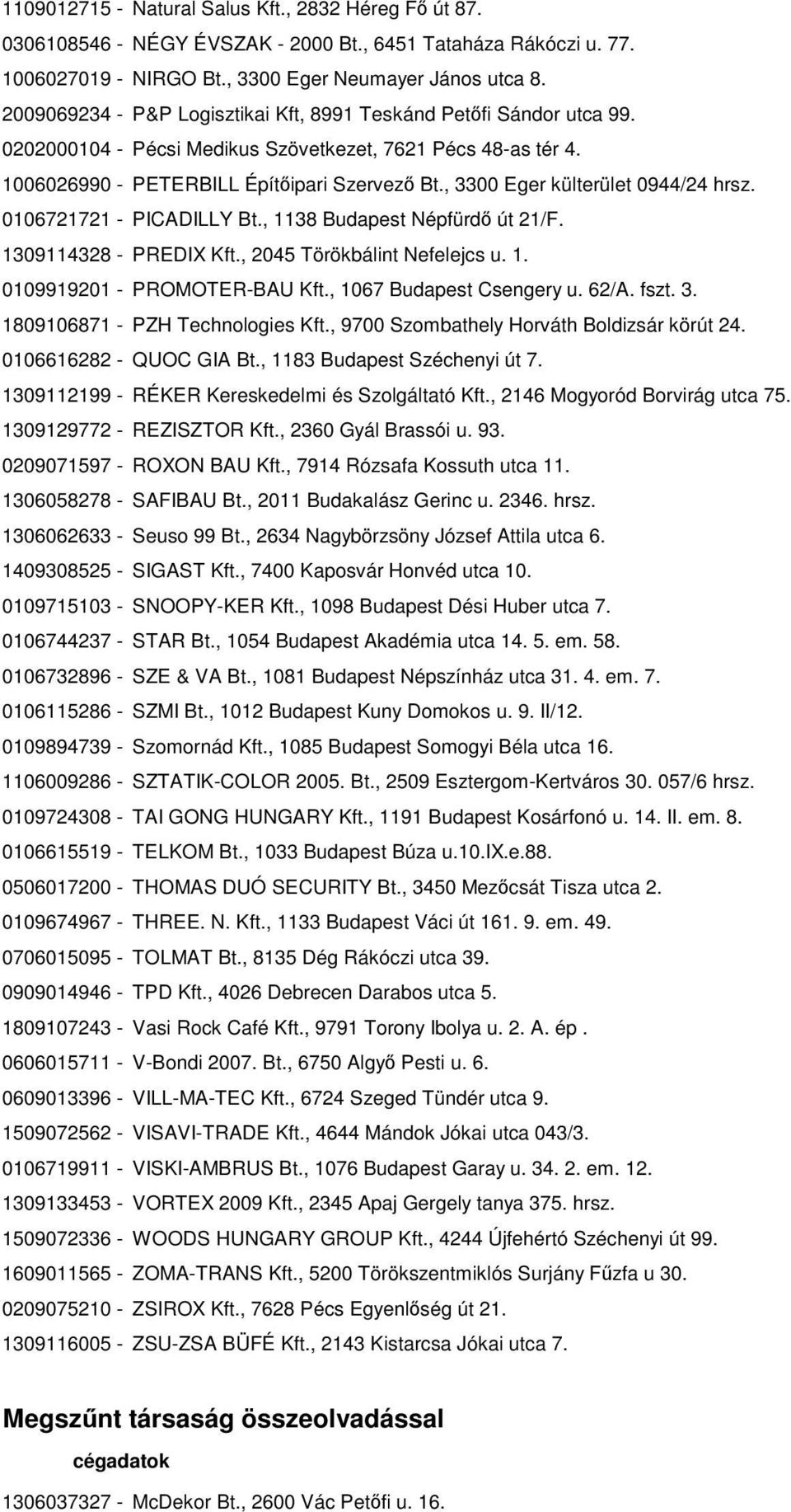 , 3300 Eger külterület 0944/24 hrsz. 0106721721 - PICADILLY Bt., 1138 Budapest Népfürdő út 21/F. 1309114328 - PREDIX Kft., 2045 Törökbálint Nefelejcs u. 1. 0109919201 - PROMOTER-BAU Kft.