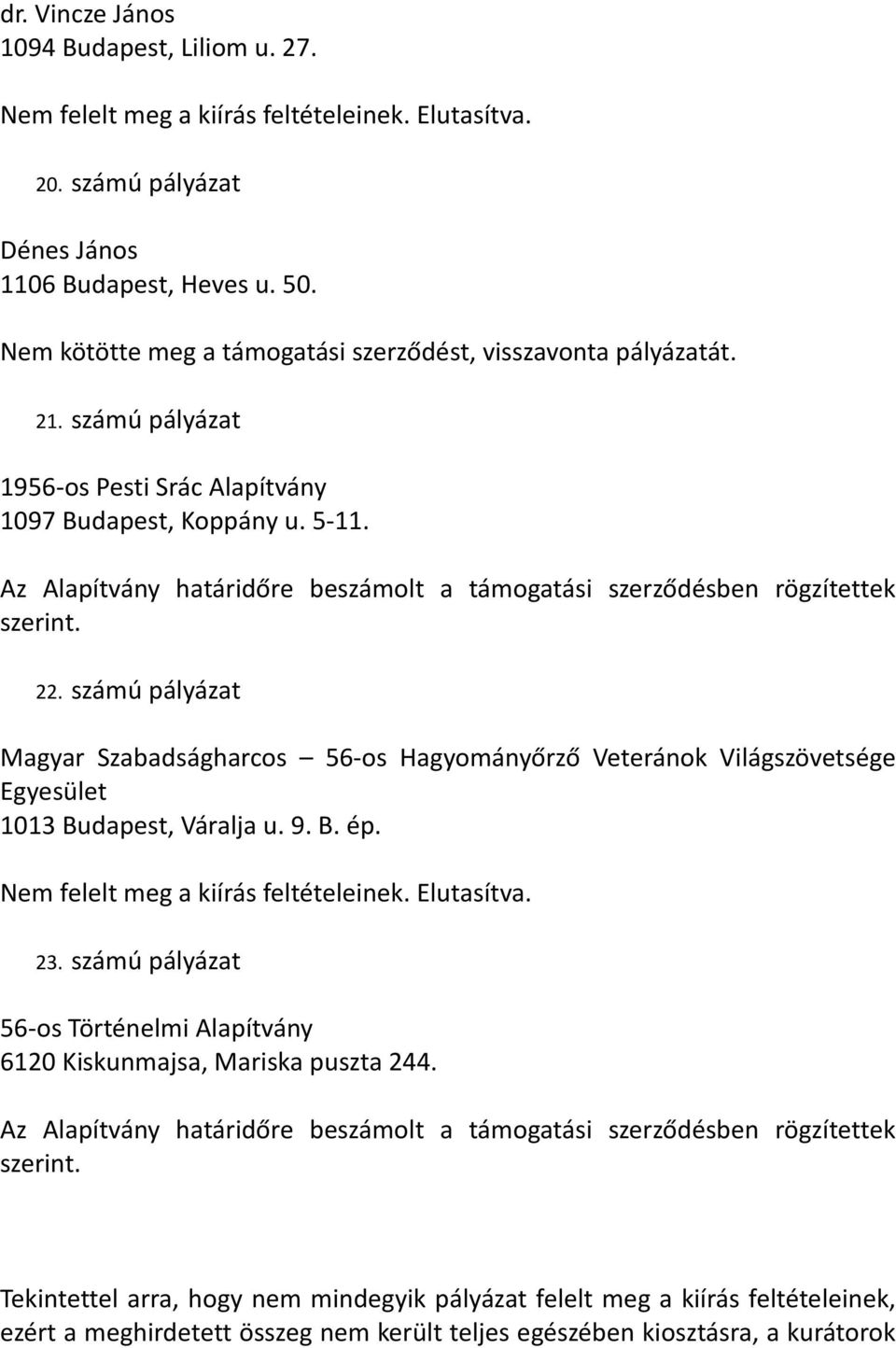 Az Alapítvány határidőre beszámolt a támogatási szerződésben rögzítettek szerint. 22.