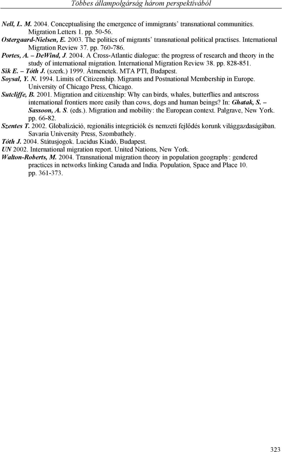 A Cross-Atlantic dialogue: the progress of research and theory in the study of international migration. International Migration Review 38. pp. 828-851. Sik E. Tóth J. (szerk.) 1999. Átmenetek.