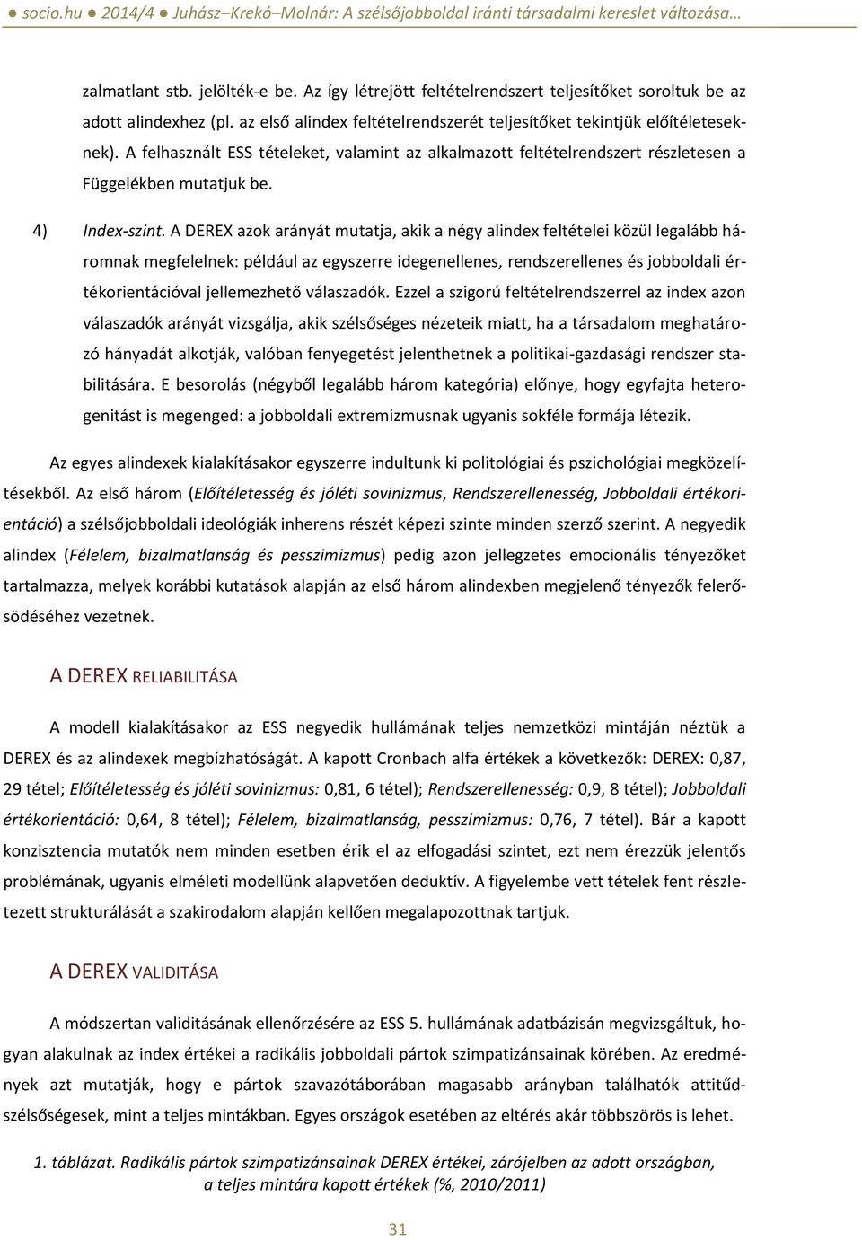 A DEREX azok arányát mutatja, akik a négy alindex feltételei közül legalább háromnak megfelelnek: például az egyszerre idegenellenes, rendszerellenes és jobboldali értékorientációval jellemezhető