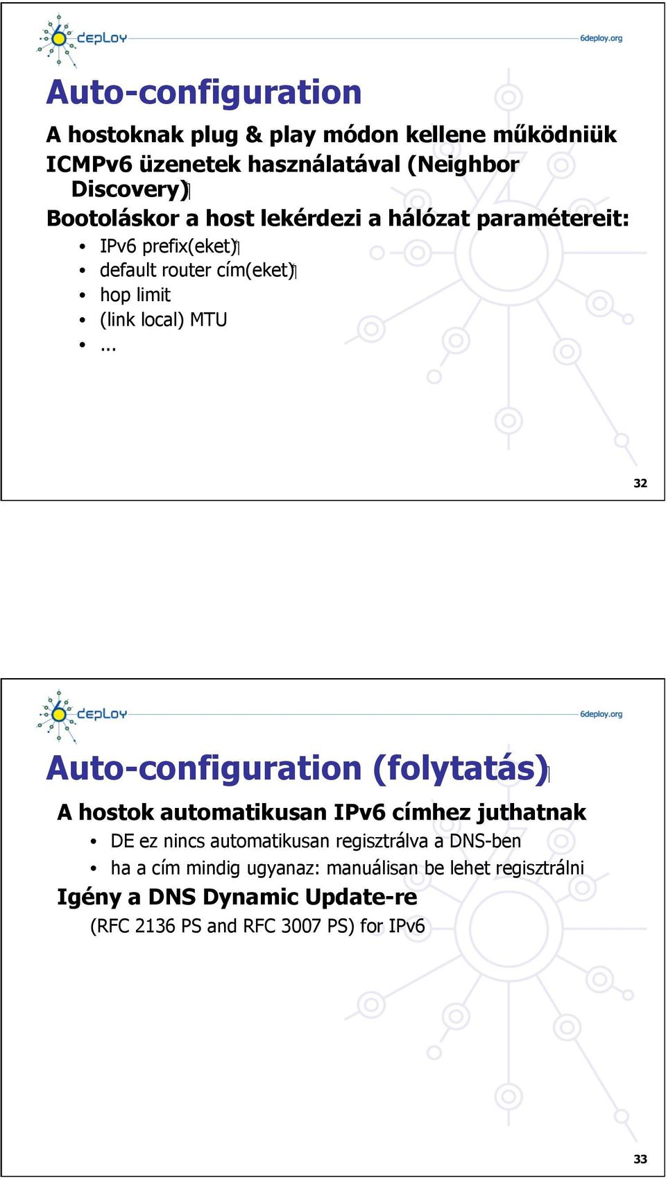 .. 32 ( folytatás ) Auto-configuration A hostok automatikusan IPv6 címhez juthatnak DE ez nincs automatikusan regisztrálva a DNS-ben