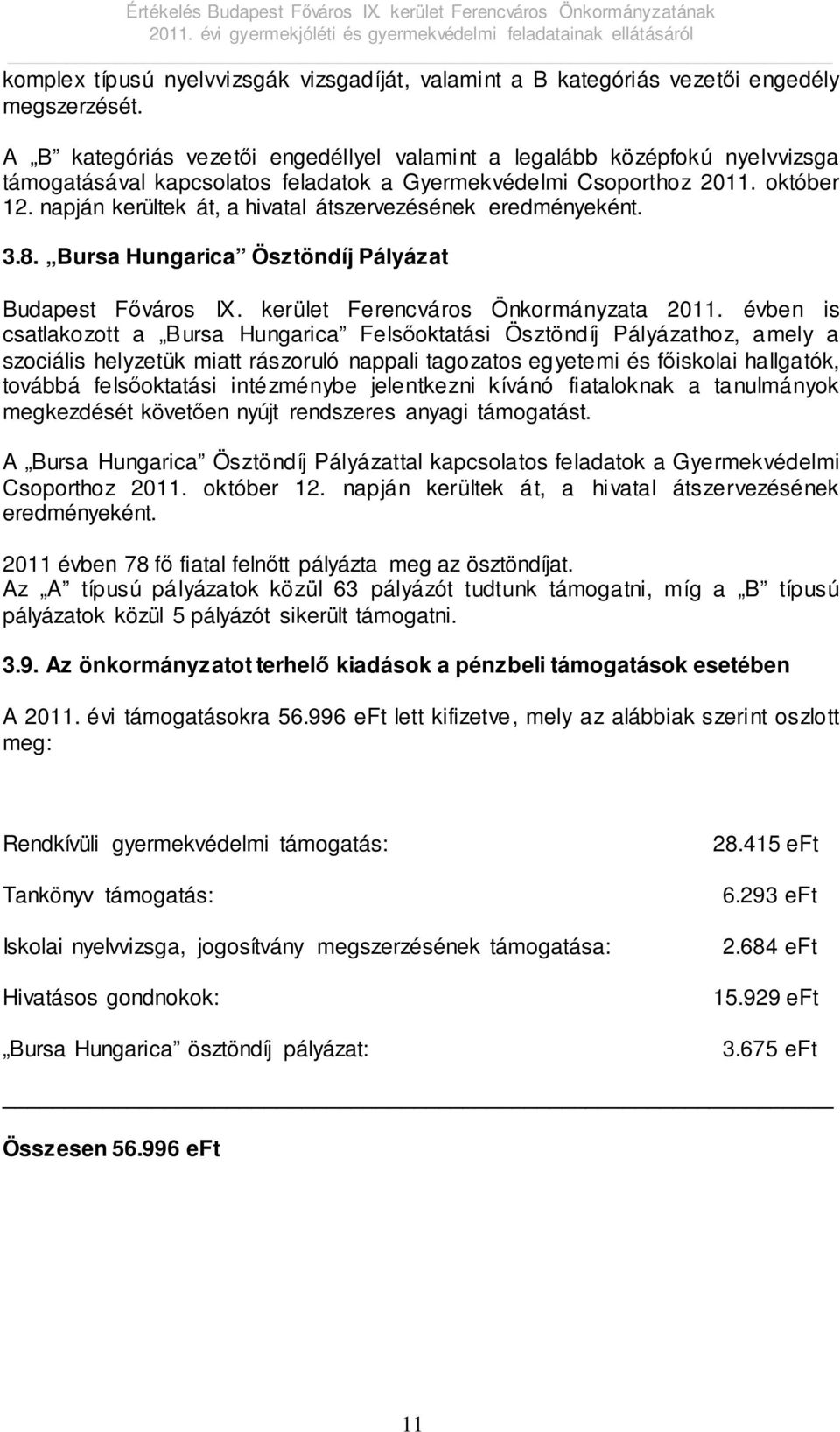 napján kerültek át, a hivatal átszervezésének eredményeként. 3.8. Bursa Hungarica Ösztöndíj Pályázat Budapest Főváros IX. kerület Ferencváros Önkormányzata 2011.