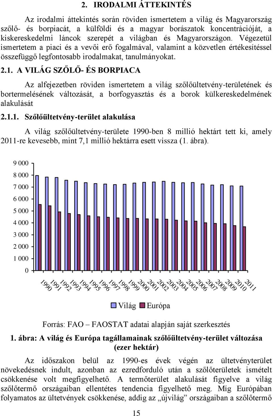 A VILÁG SZŐLŐ- ÉS BORPIACA Az alfejezetben röviden ismertetem a világ szőlőültetvény-területének és bortermelésének változását, a borfogyasztás és a borok külkereskedelmének alakulását 2.1.