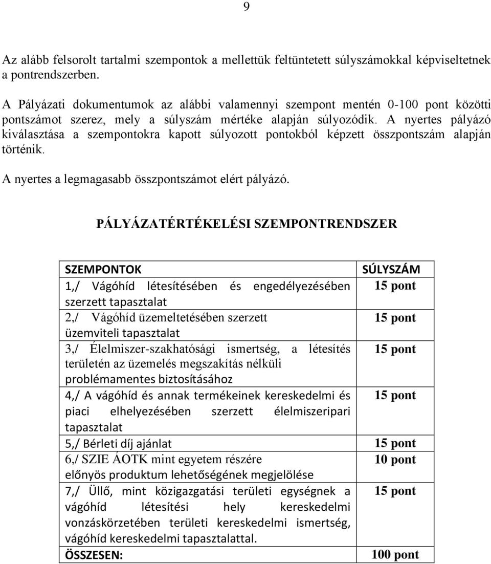 A nyertes pályázó kiválasztása a szempontokra kapott súlyozott pontokból képzett összpontszám alapján történik. A nyertes a legmagasabb összpontszámot elért pályázó.