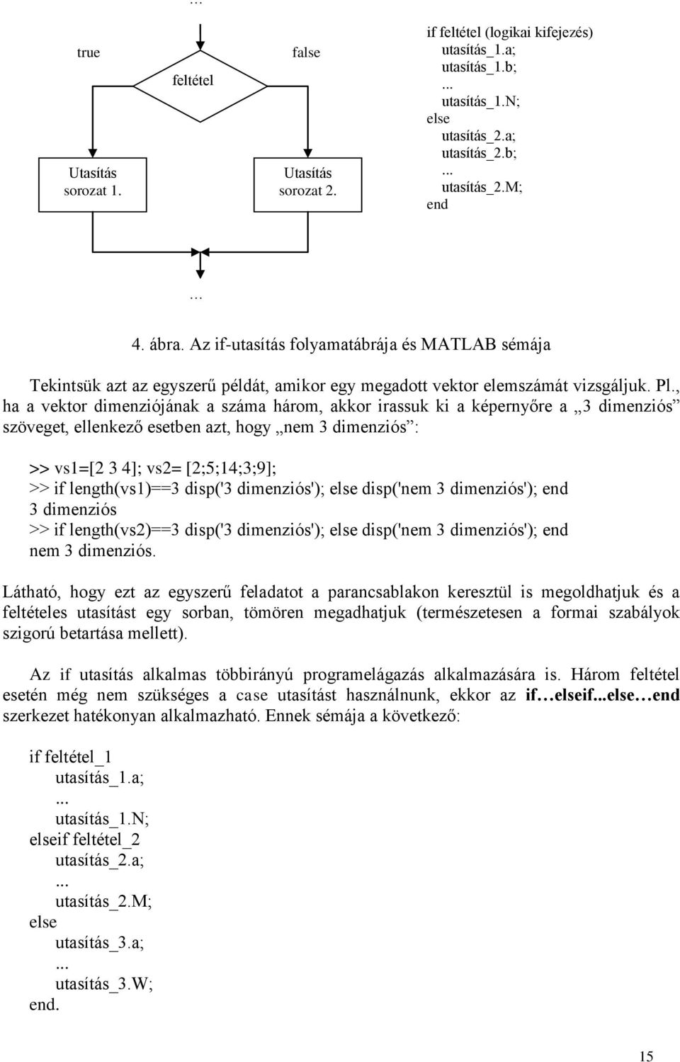 , ha a vektor dimenziójának a száma három, akkor irassuk ki a képernyőre a 3 dimenziós szöveget, ellenkező esetben azt, hogy nem 3 dimenziós : >> vs1=[2 3 4]; vs2= [2;5;14;3;9]; >> if length(vs1)==3