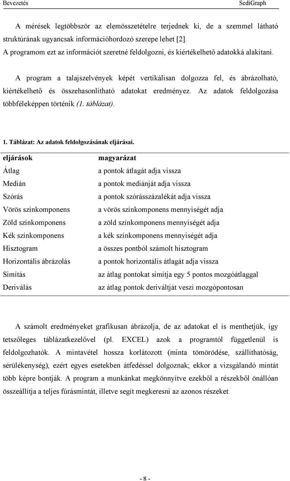 A program a talajszelvények képét vertikálisan dolgozza fel, és ábrázolható, kiértékelhető és összehasonlítható adatokat eredményez. Az adatok feldolgozása többféleképpen történik (1. táblázat). 1.