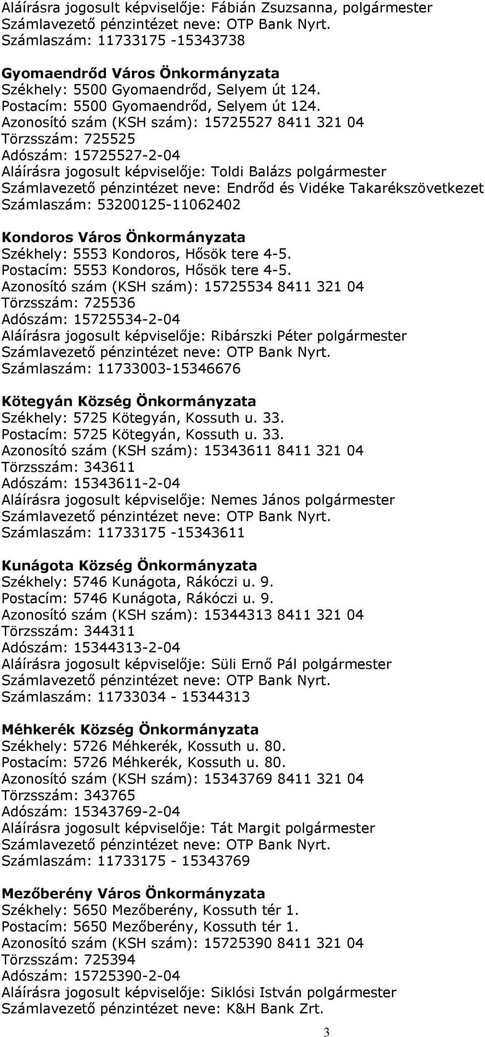 Azonosító szám (KSH szám): 15725527 8411 321 04 Törzsszám: 725525 Adószám: 15725527-2-04 Aláírásr jogosult képviselője: Toldi Blázs Számlvezető pénzintézet neve: Endrőd Vidéke Tkrékszövetkezet