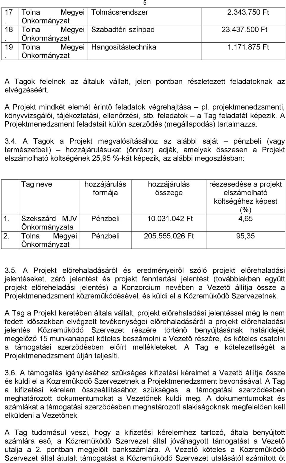 projektmenedzsmenti, könyvvizsgálói, tájékoztatási, ellenőrzési, stb. feladatok a Tag feladatát képezik. A Projektmenedzsment feladatait külön szerződés (megállapodás) tartalmazza. 3.4.