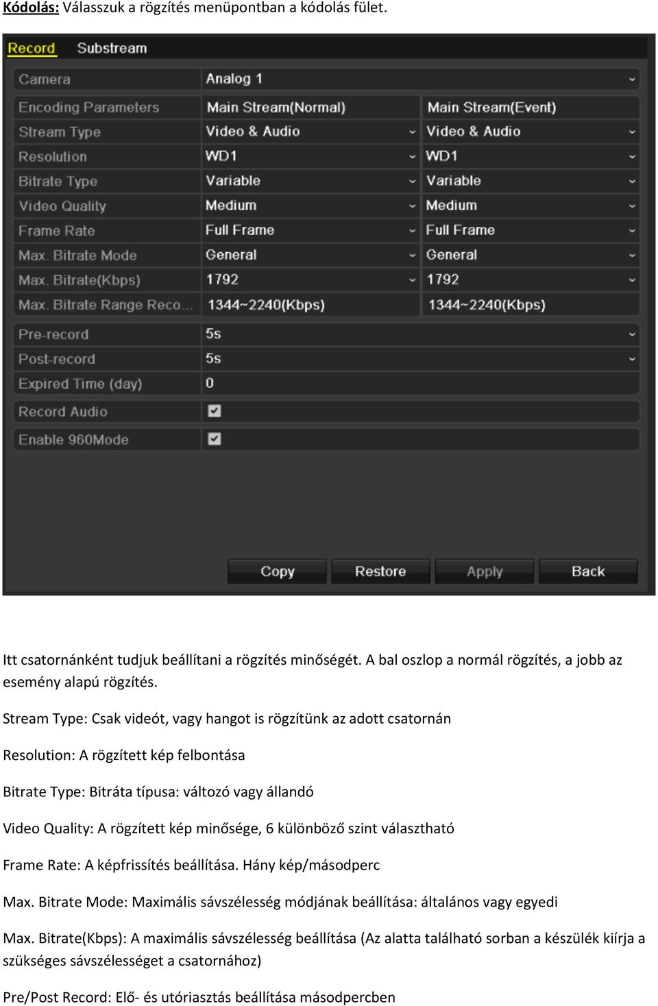 minősége, 6 különböző szint választható Frame Rate: A képfrissítés beállítása. Hány kép/másodperc Max. Bitrate Mode: Maximális sávszélesség módjának beállítása: általános vagy egyedi Max.