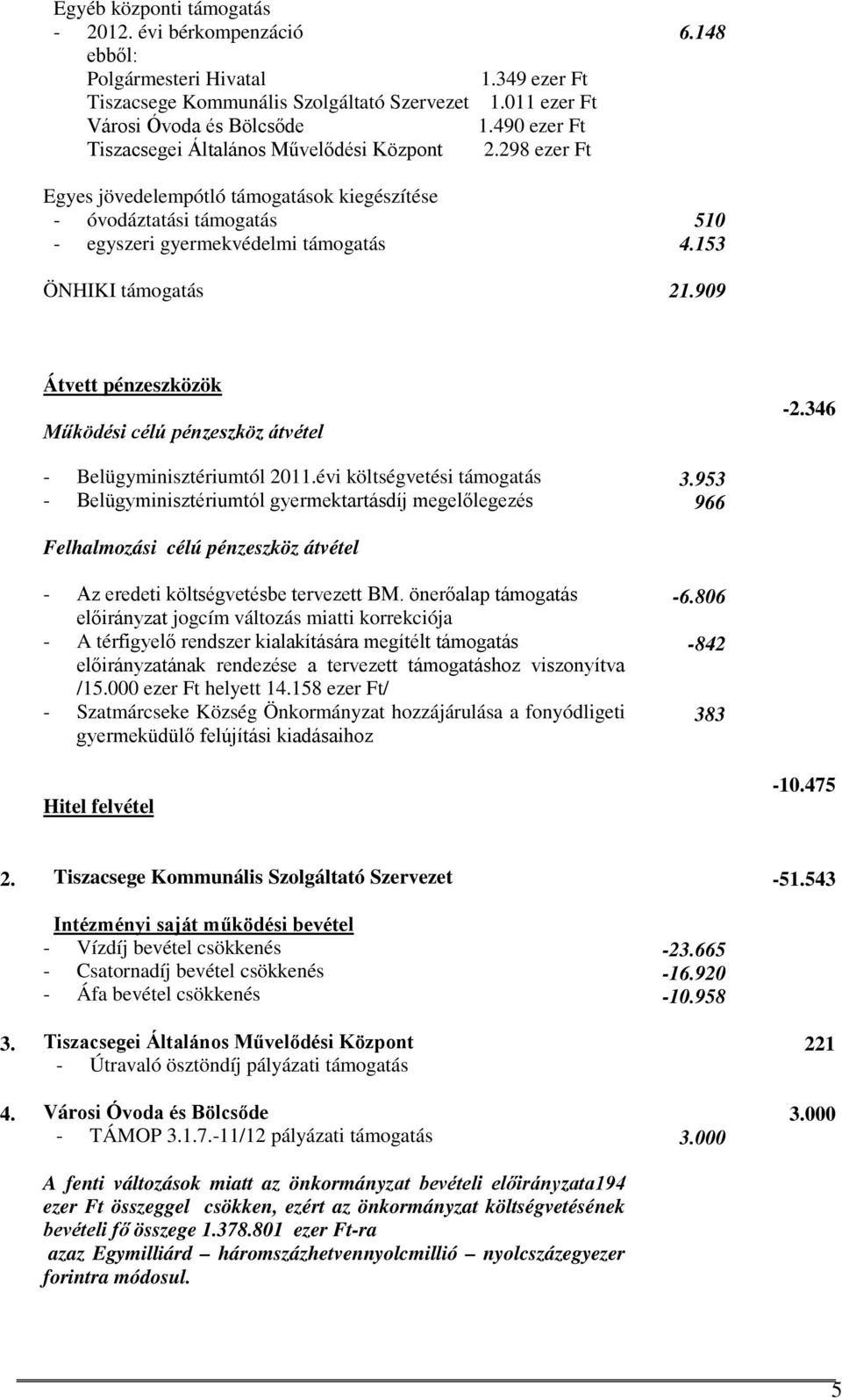 148 510 4.153 21.909 Átvett pénzeszközök Működési célú pénzeszköz átvétel -2.346 - Belügyminisztériumtól 2011.évi költségvetési támogatás - Belügyminisztériumtól gyermektartásdíj megelőlegezés 3.