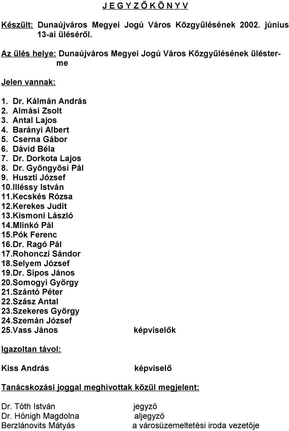 Kerekes Judit 13.Kismoni László 14.Mlinkó Pál 15.Pók Ferenc 16.Dr. Ragó Pál 17.Rohonczi Sándor 18.Selyem József 19.Dr. Sipos János 20.Somogyi György 21.Szántó Péter 22.Szász Antal 23.