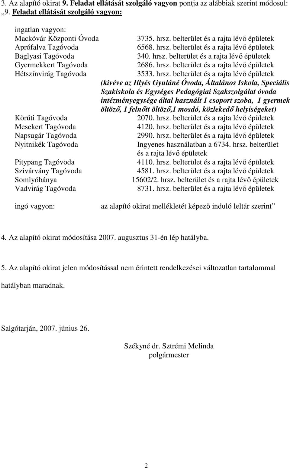 hrsz. belterület és a rajta lévı épületek (kivéve az Illyés Gyuláné Óvoda, Általános Iskola, Speciális Szakiskola és Egységes Pedagógiai Szakszolgálat óvoda intézményegysége által használt 1 csoport