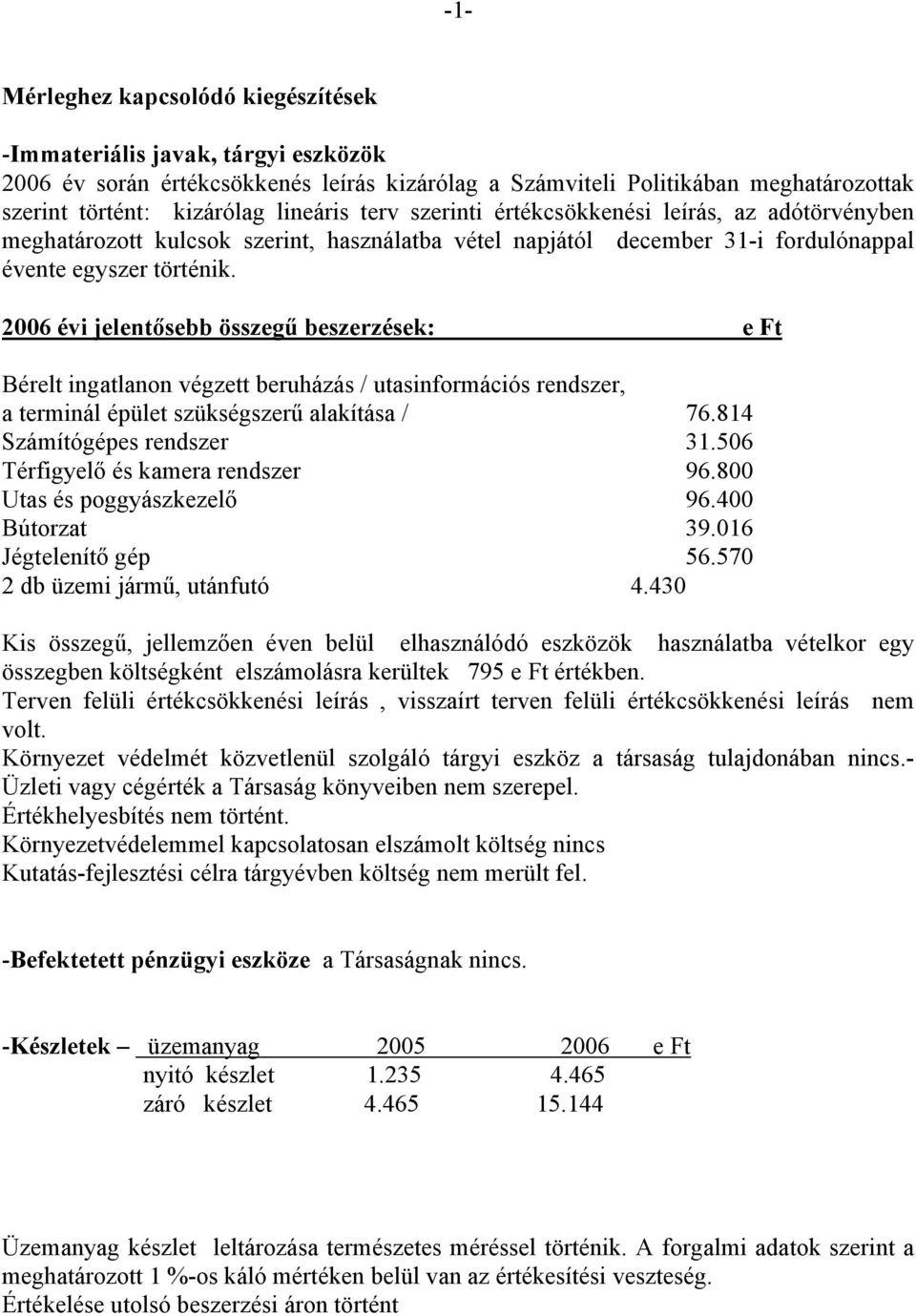 2006 évi jelentősebb összegű beszerzések: e Ft Bérelt ingatlanon végzett beruházás / utasinformációs rendszer, a terminál épület szükségszerű alakítása / 76.814 Számítógépes rendszer 31.