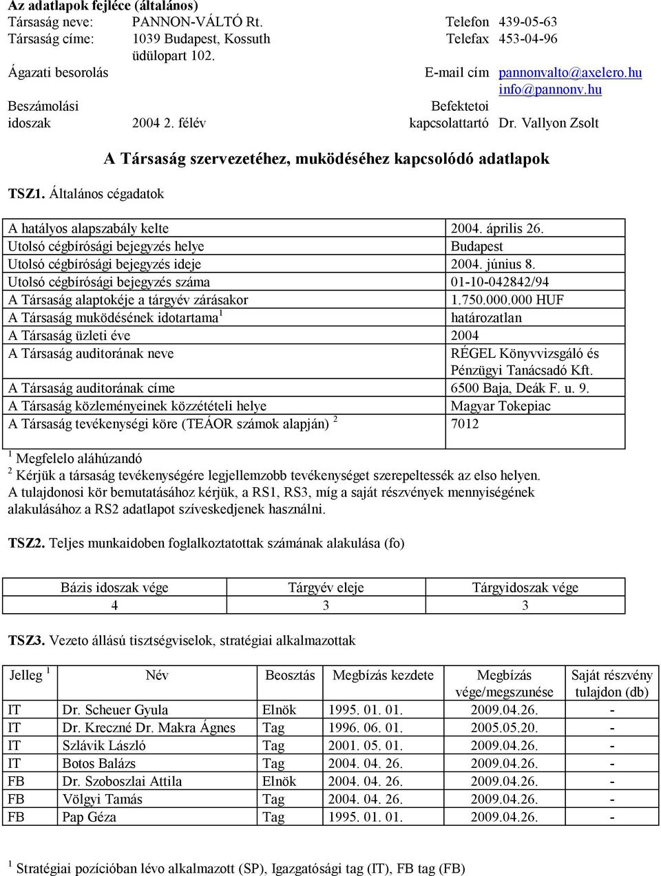 Általános cégadatok A Társaság szervezetéhez, muködéséhez kapcsolódó adatlapok A hatályos alapszabály kelte 2004. április 26.