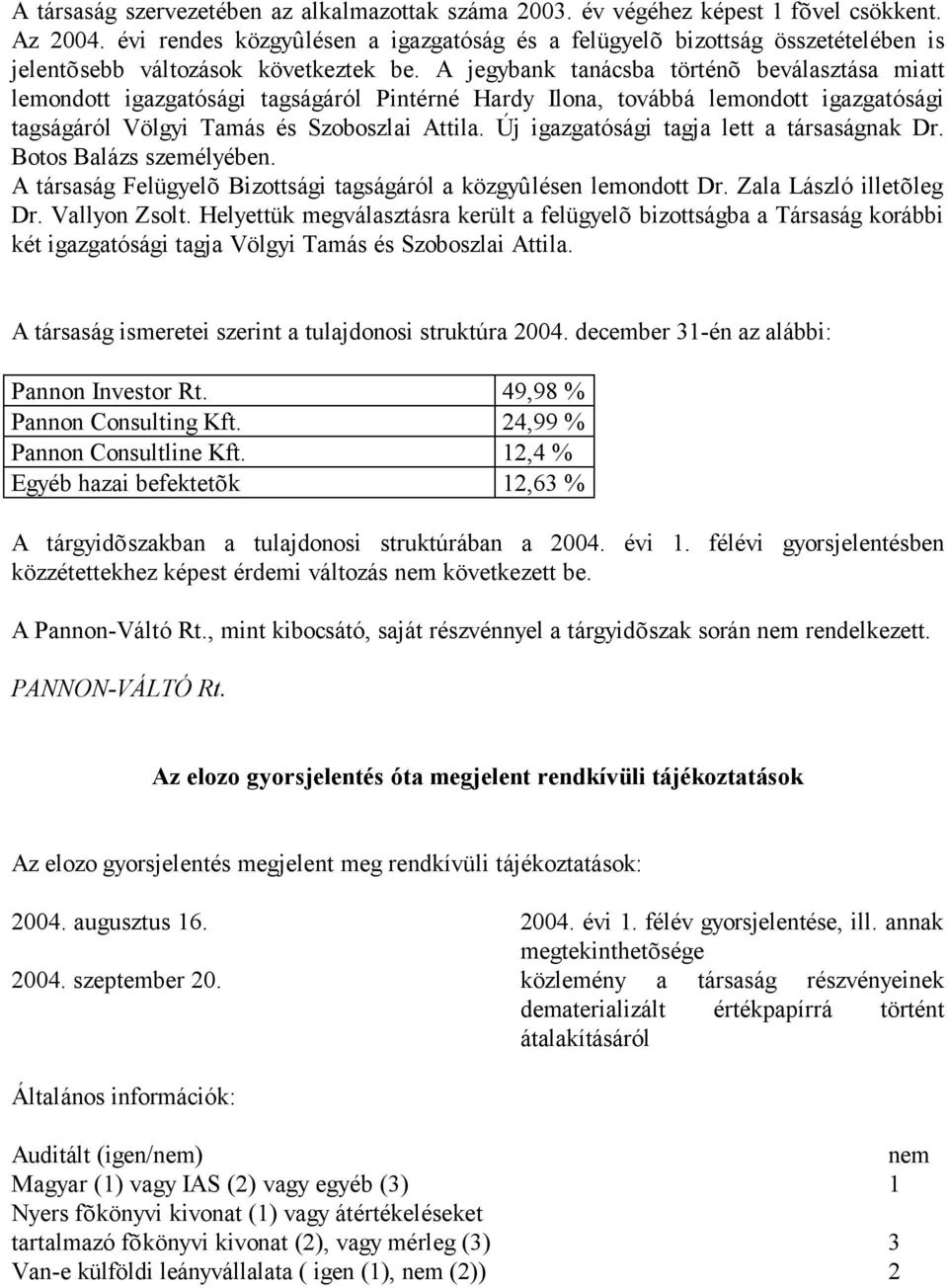 A jegybank tanácsba történõ beválasztása miatt lemondott igazgatósági tagságáról Pintérné Hardy Ilona, továbbá lemondott igazgatósági tagságáról Völgyi Tamás és Szoboszlai Attila.