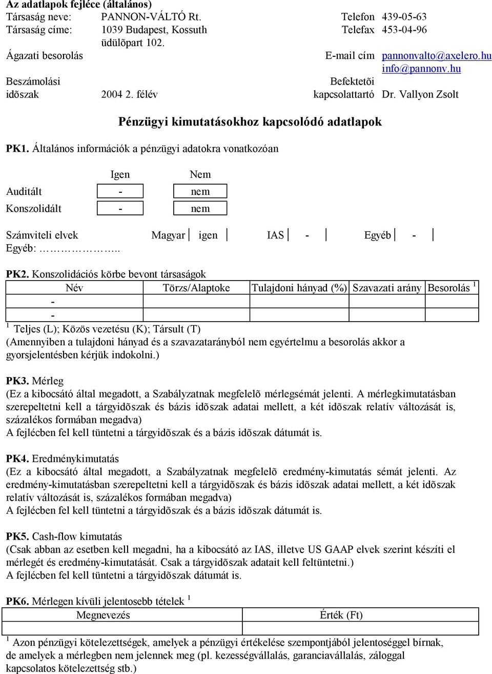 Általános információk a pénzügyi adatokra vonatkozóan Igen Nem Auditált - nem Konszolidált - nem Számviteli elvek Magyar igen IAS - Egyéb - Egyéb:.. PK2.