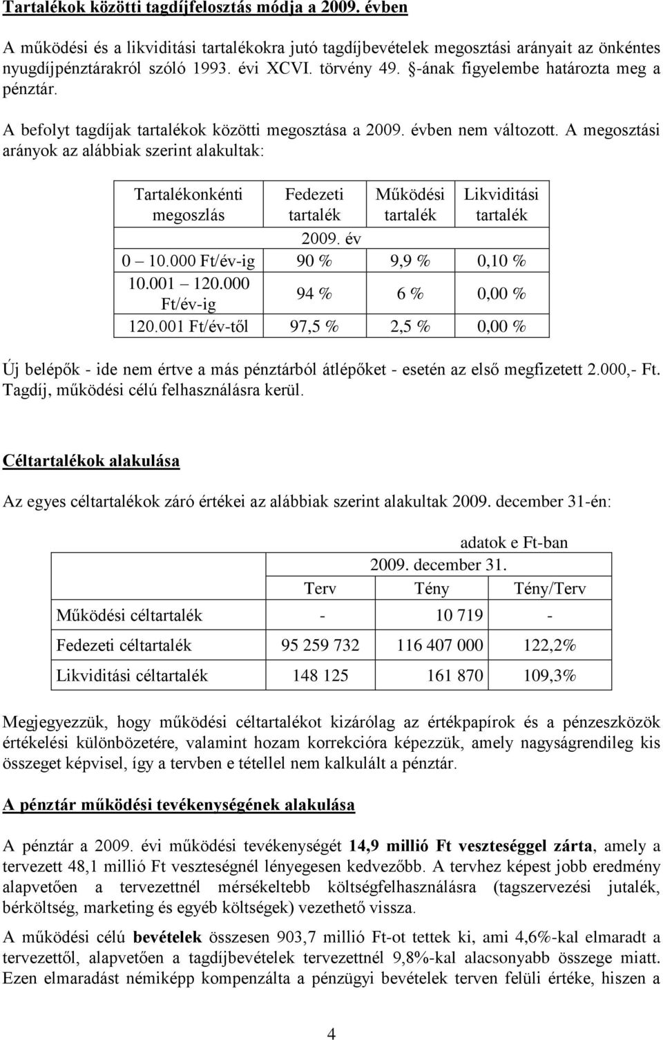 A megosztási arányok az alábbiak szerint alakultak: Tartalékonkénti megoszlás Fedezeti tartalék Működési tartalék Likviditási tartalék 2009. év 0 10.000 Ft/év-ig 90 % 9,9 % 0,10 % 10.001 120.