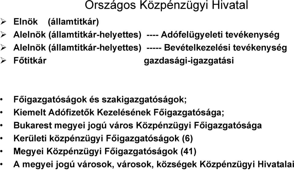 szakigazgatóságok; Kiemelt Adófizetők Kezelésének Főigazgatósága; Bukarest megyei jogú város Közpénzügyi Főigazgatósága