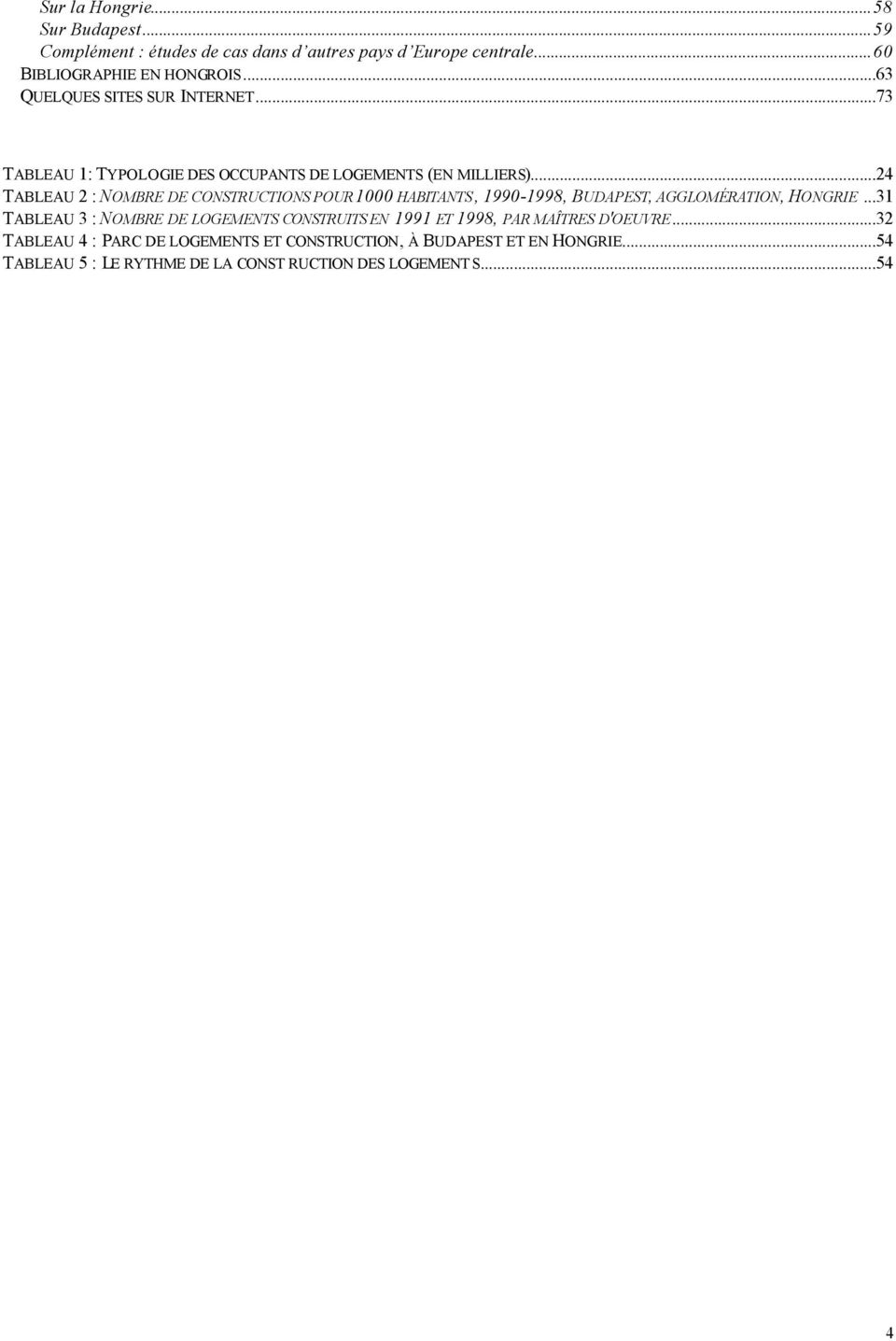 ..24 TABLEAU 2 : NOMBRE DE CONSTRUCTIONS POUR 1000 HABITANTS, 1990-1998, BUDAPEST, AGGLOMÉRATION, HONGRIE.