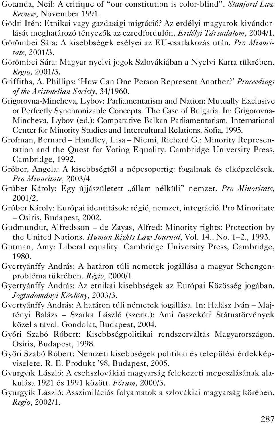 Görömbei Sára: Magyar nyelvi jogok Szlovákiában a Nyelvi Karta tükrében. Regio, 2001/3. Griffiths, A. Phillips: How Can One Person Represent Another? Proceedings of the Aristotelian Society, 34/1960.