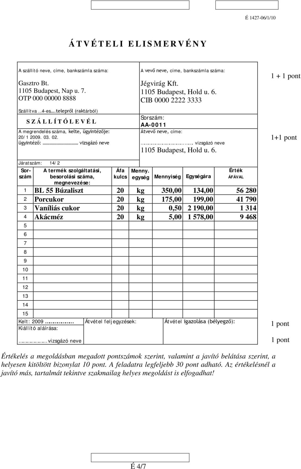 CIB 0000 2222 3333 Sorszám: AA-0011 Átvevő neve, címe:. vizsgázó neve 1105 Budapest, Hold u. 6.