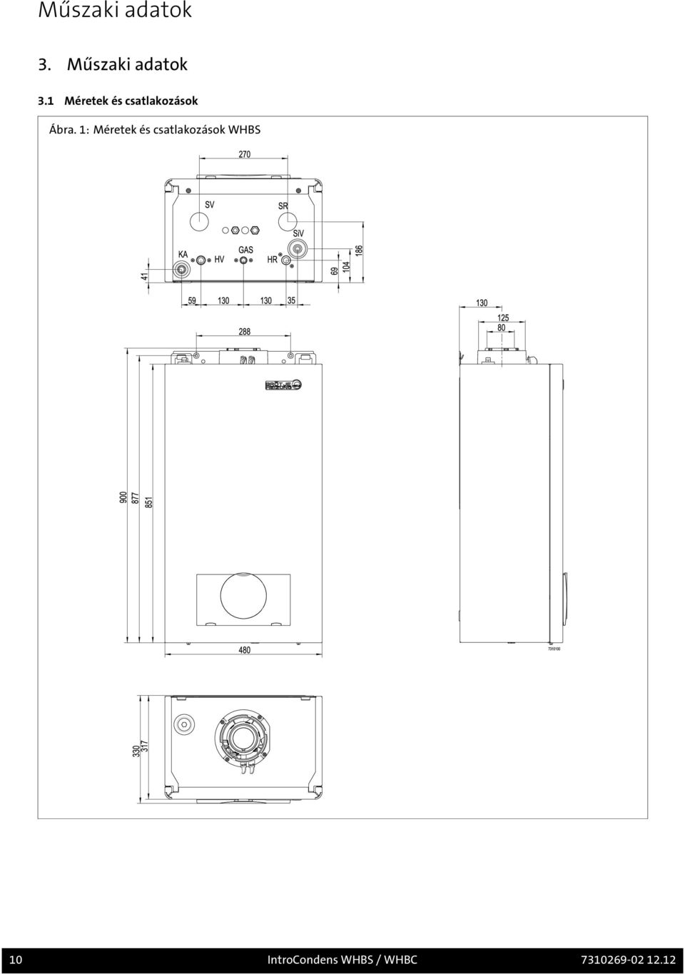 1: Méretek és csatlakozások WHBS 10
