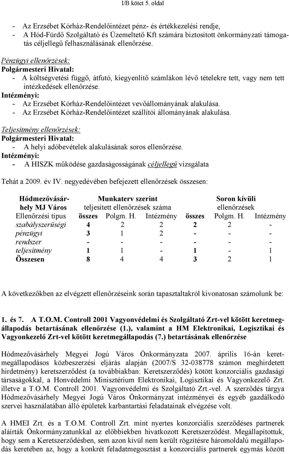 ellenőrzése. Pénzügyi ellenőrzések: Polgármesteri Hivatal: - A költségvetési függő, átfutó, kiegyenlítő számlákon lévő tételekre tett, vagy nem tett intézkedések ellenőrzése.