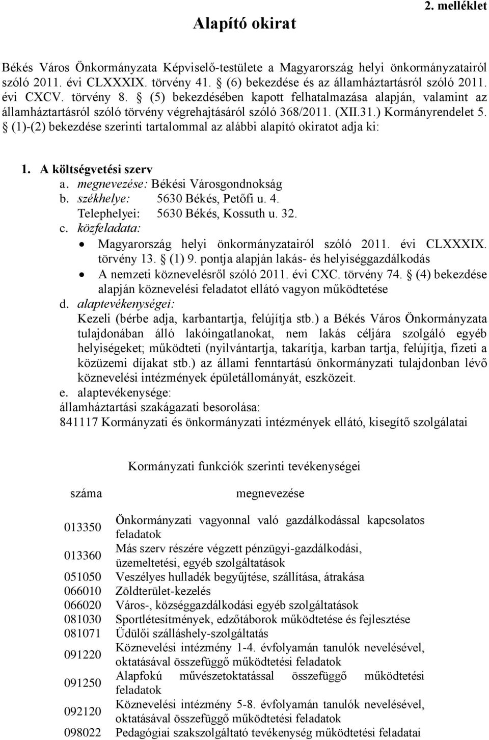 (1)-(2) bekezdése szerinti tartalommal az alábbi alapító okiratot adja ki: 1. A költségvetési szerv a. megnevezése: Békési Városgondnokság b. székhelye: 5630 Békés, Petőfi u. 4.