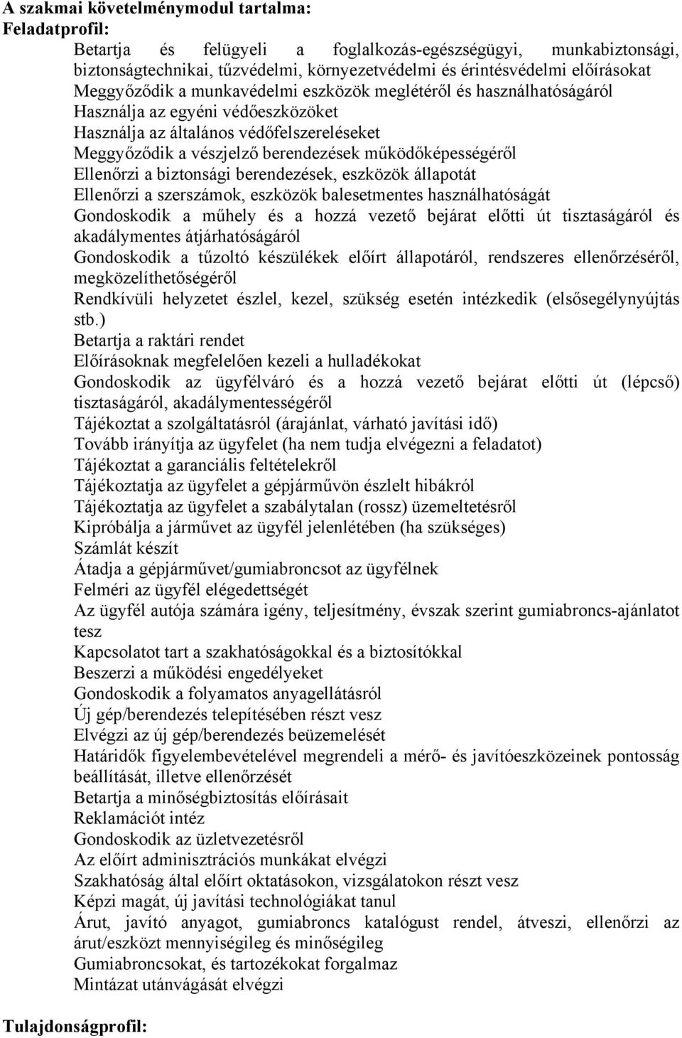 működőképességéről Ellenőrzi a biztonsági berendezések, eszközök állapotát Ellenőrzi a szerszámok, eszközök balesetmentes használhatóságát Gondoskodik a műhely és a hozzá vezető bejárat előtti út