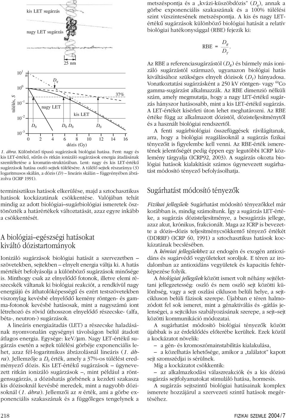 túlélés, S 10 1 n 10 0 10 1 10 2 10 3 D q nagy LET 25 nm kis LET D 0 D 0 D 0 D 0 37% 0 2 4 6 8 10 12 14 16 dózis (Gy) 1. ábra. Különbözô típusú sugárzások biológiai hatása.