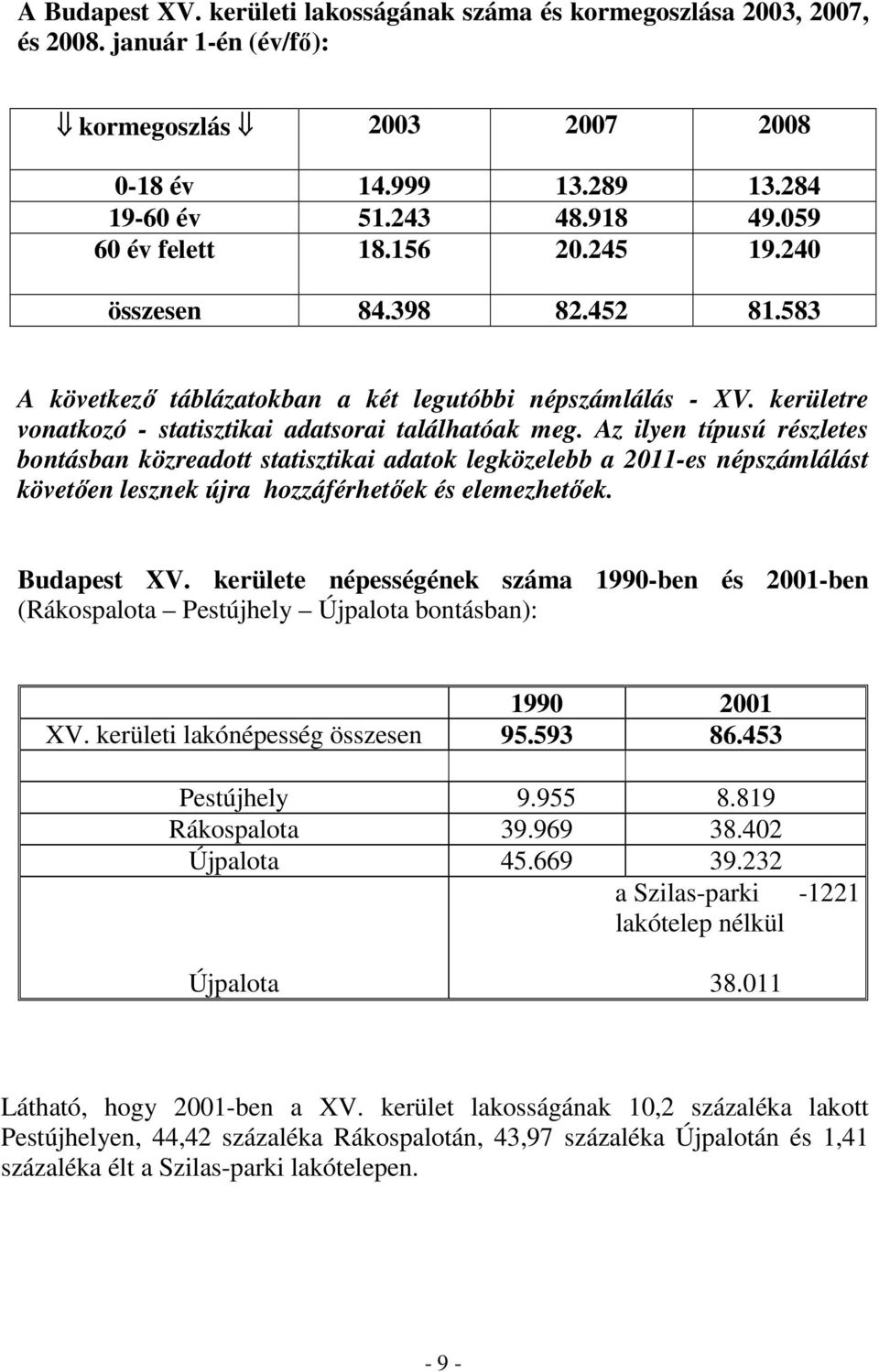 Az ilyen típusú részletes bontásban közreadott statisztikai adatok legközelebb a 2011-es népszámlálást követıen lesznek újra hozzáférhetıek és elemezhetıek. Budapest XV.