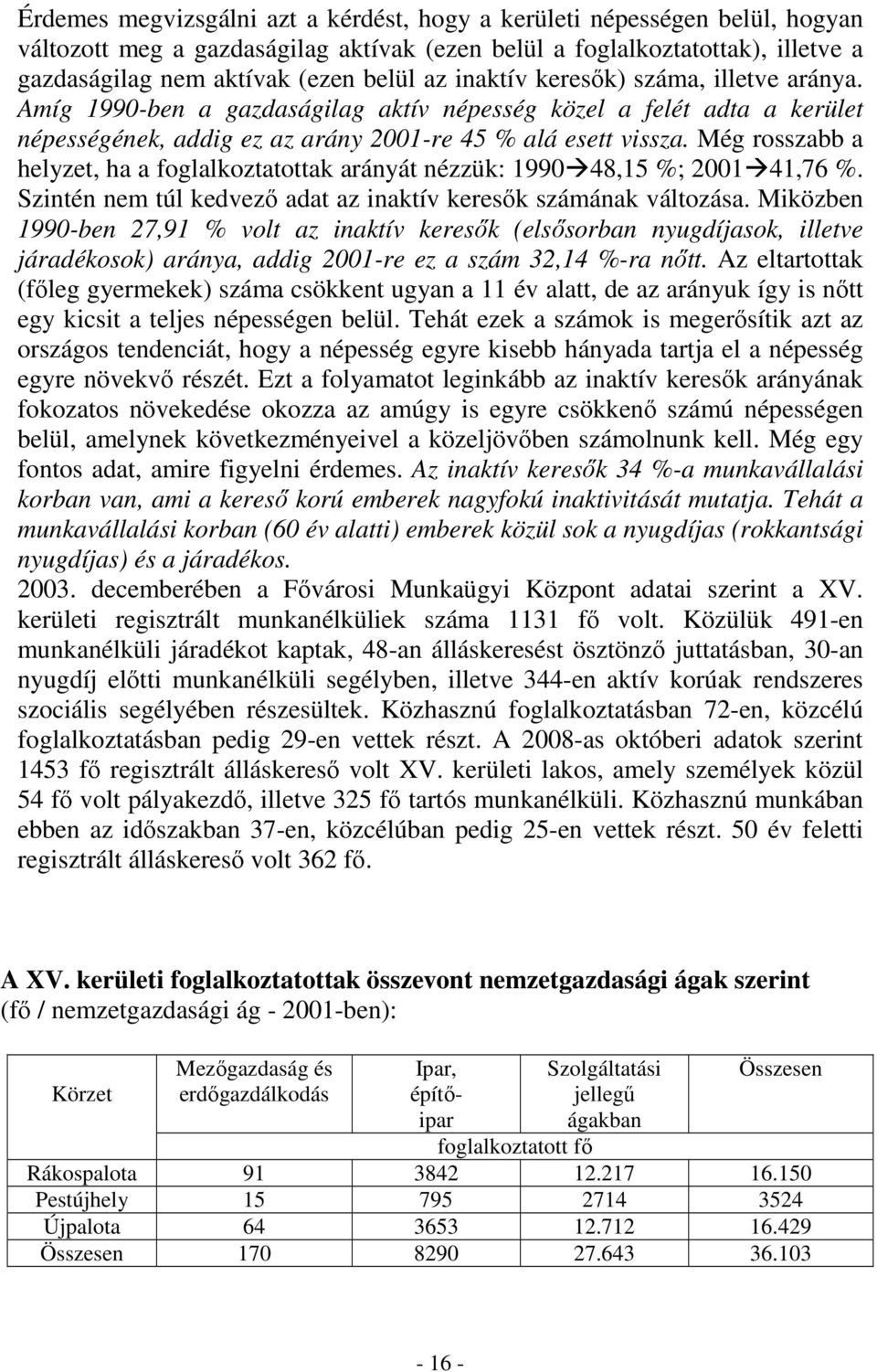 Még rosszabb a helyzet, ha a foglalkoztatottak arányát nézzük: 1990 48,15 %; 2001 41,76 %. Szintén nem túl kedvezı adat az inaktív keresık számának változása.