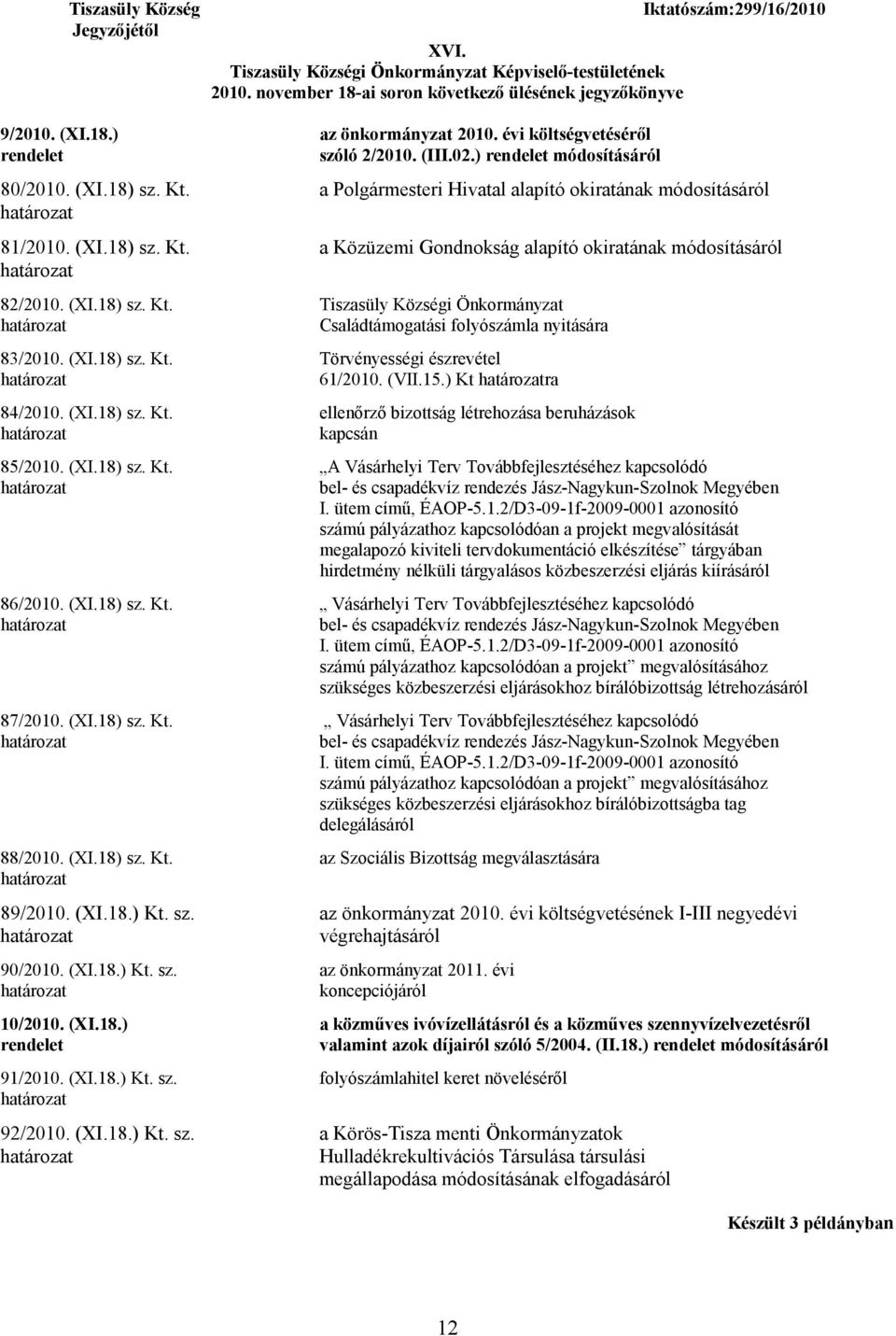 (XI.18) sz. Kt. Tiszasüly Községi Önkormányzat Családtámogatási folyószámla nyitására 83/2010. (XI.18) sz. Kt. Törvényességi észrevétel 61/2010. (VII.15.) Kt ra 84/2010. (XI.18) sz. Kt. ellenőrző bizottság létrehozása beruházások kapcsán 85/2010.