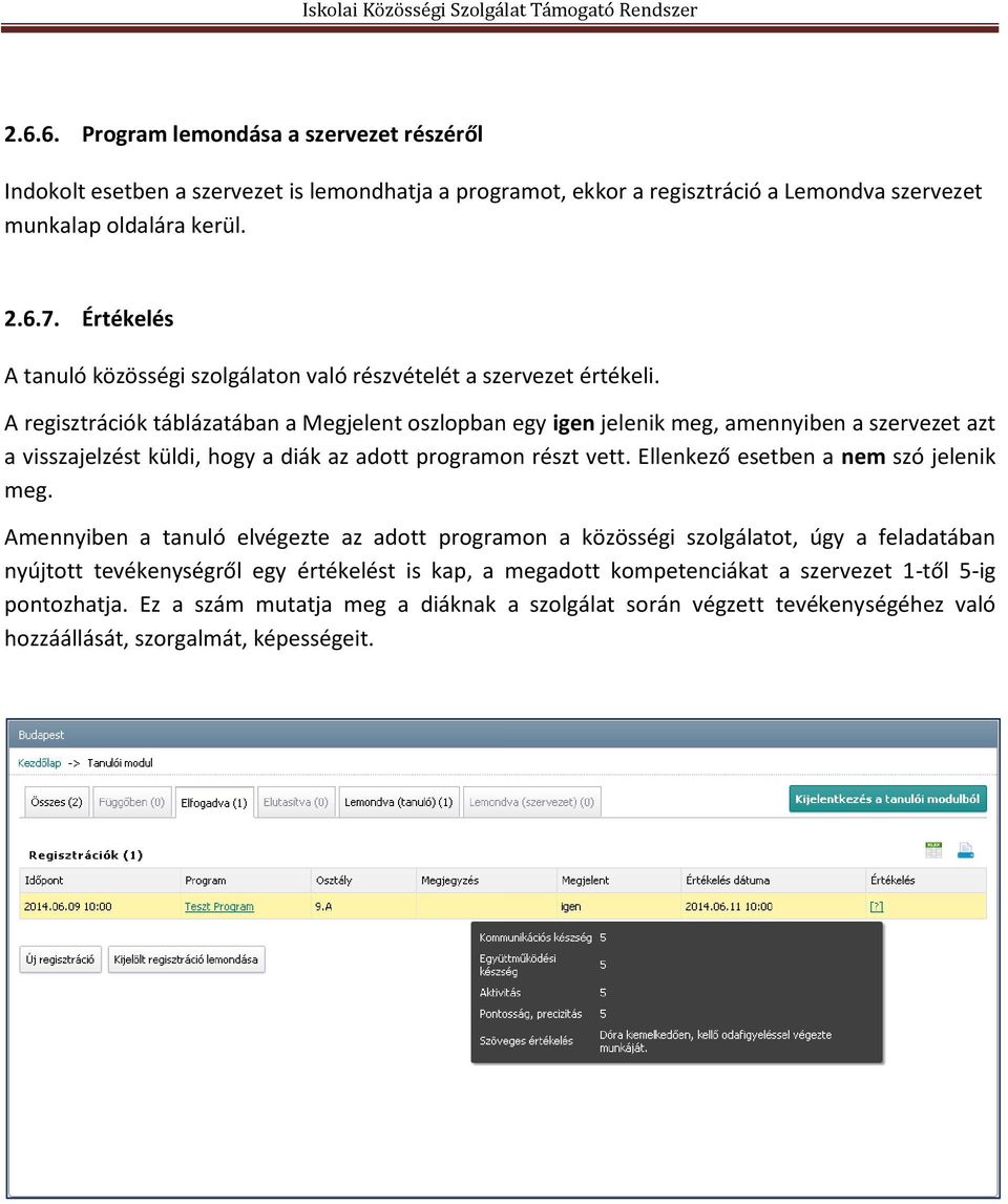 A regisztrációk táblázatában a Megjelent oszlopban egy igen jelenik meg, amennyiben a szervezet azt a visszajelzést küldi, hogy a diák az adott programon részt vett.