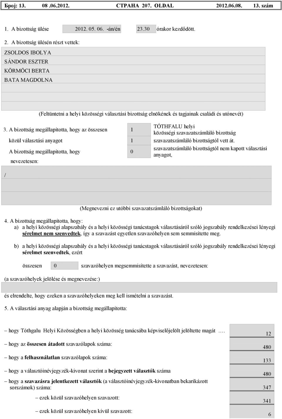 A bizottság megállapította, hogy az összesen 1 TÓTHFALU helyi közösségi szavazatszámláló bizottság közül választási anyagot 1 szavazatszámláló bizottságtól vett át.