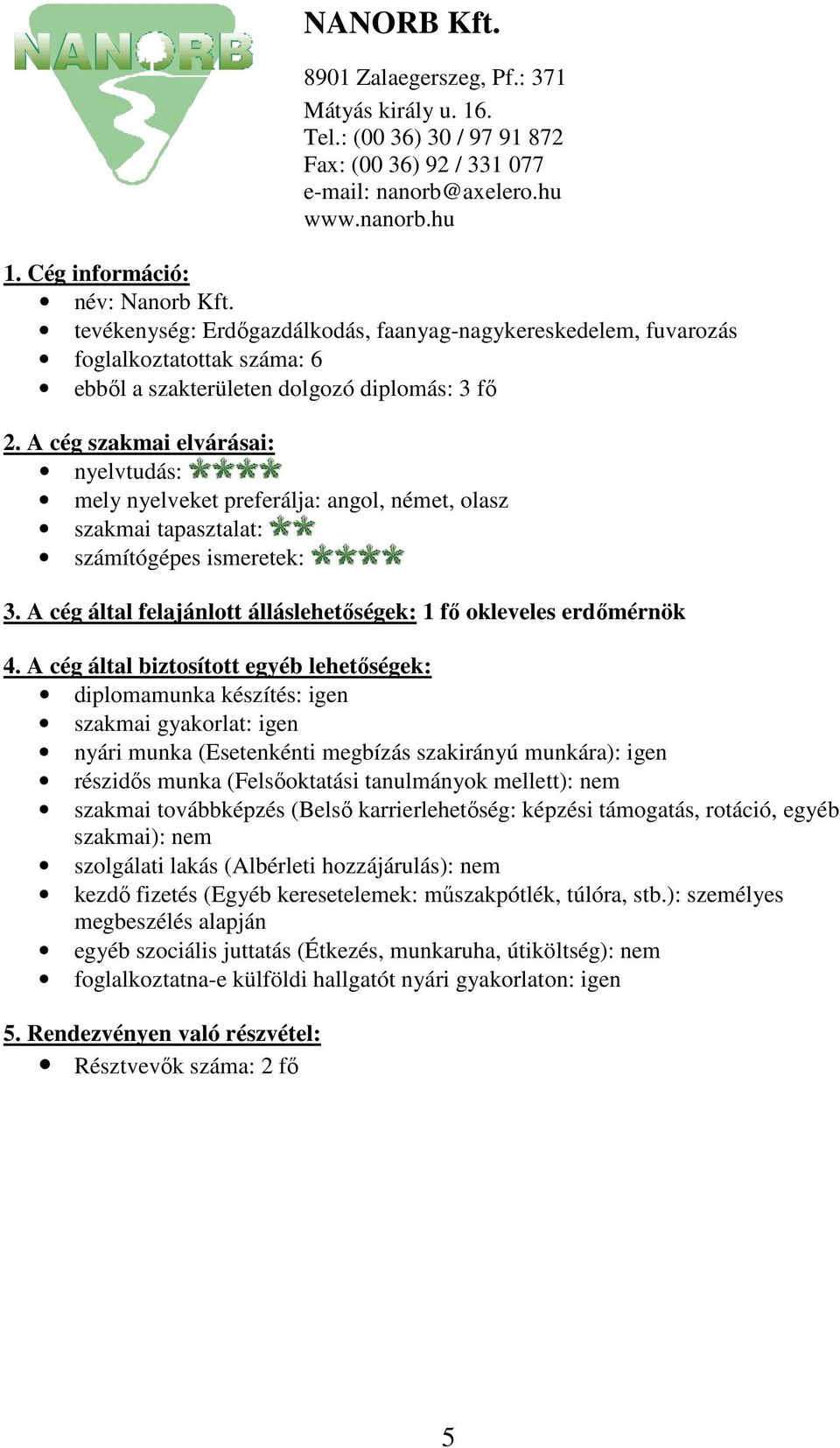 A cég által felajánlott álláslehetőségek: 1 fő okleveles erdőmérnök diplomamunka készítés: igen szakmai gyakorlat: igen nyári munka (Esetenkénti megbízás szakirányú munkára): igen részidős munka