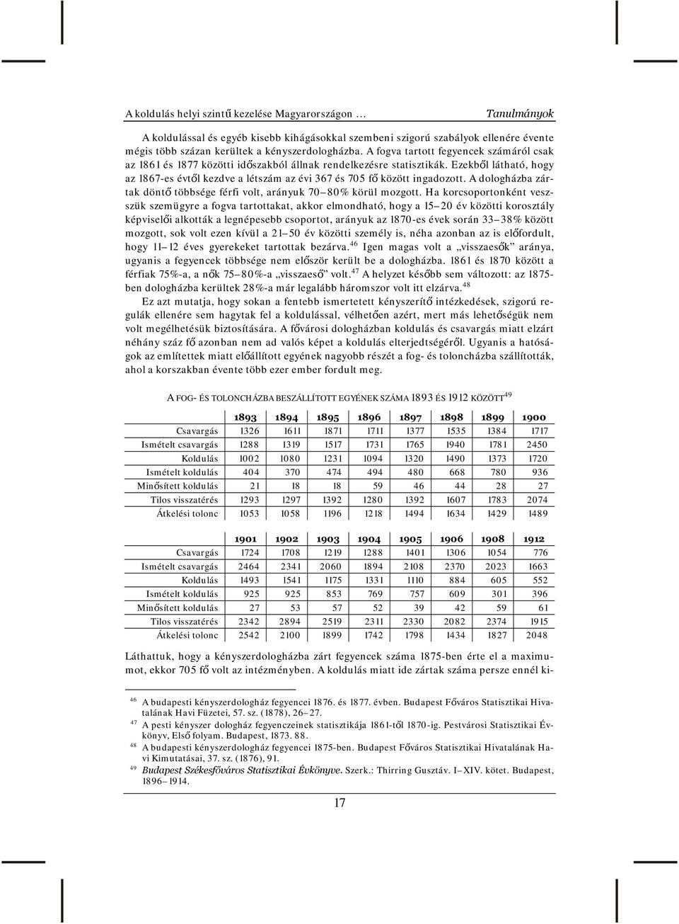 Ezekből látható, hogy az 1867-es évtől kezdve a létszám az évi 367 és 705 fő között ingadozott. A dologházba zártak döntő többsége férfi volt, arányuk 70 80% körül mozgott.