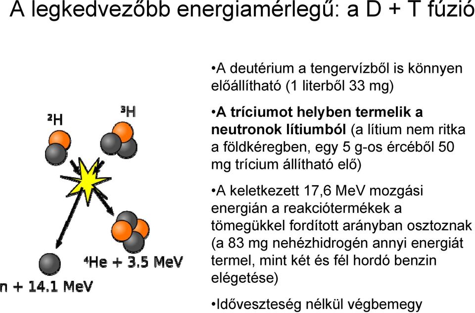 trícium állítható elő) A keletkezett 17,6 MeV mozgási energián a reakciótermékek a tömegükkel fordított arányban